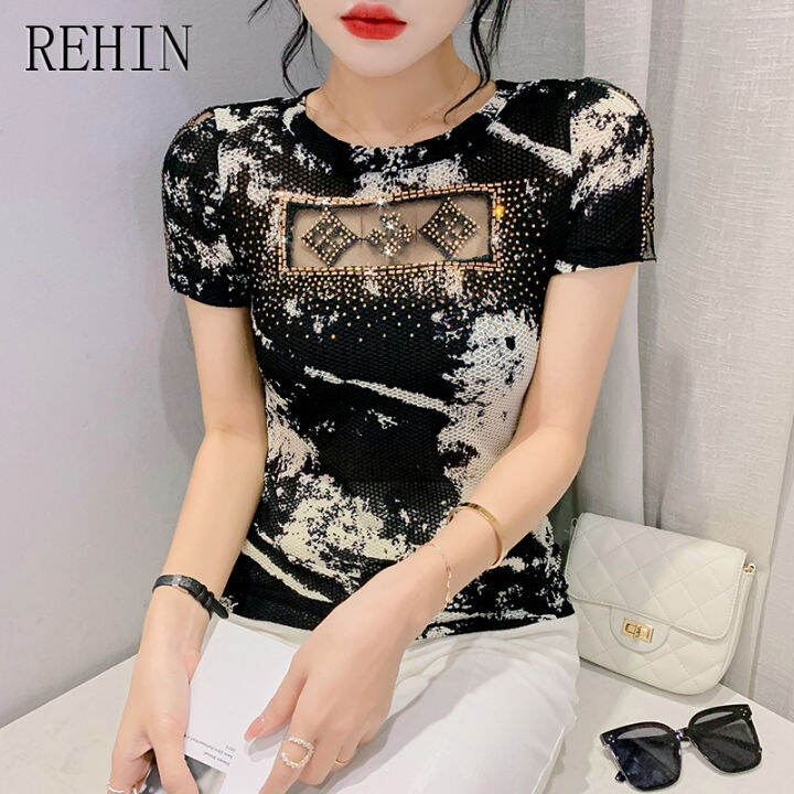 rehin-เสื้อยืดแขนสั้นทรงสี่เหลี่ยมกลวงสำหรับผู้หญิง-เสื้อลูกไม้ปักลายอักษรยอดนิยมเสื้อ-m-3xl-เข้ารูปพอดีฤดูร้อน