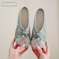 Veowalk รองเท้าแตะปิดนิ้วเท้าปักลายสำหรับผู้หญิง,ผ้าฝ้ายเนื้อนุ่มใส่สบายแนวย้อนยุครองเท้าใส่นอกบ้าน