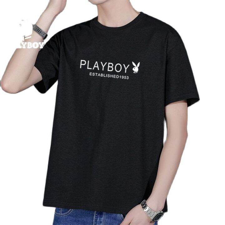 playboy-เสื้อยืดผู้ชายฤดูร้อนรอบคอผ้าฝ้าย-slim-fit-เสื้อยืดผู้ชายสีทึบแขนสั้นสไตล์เรียบง่าย-t2223