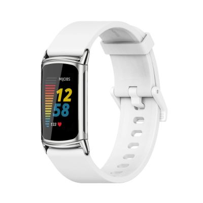 สำหรับ Fitbit Charge 5ม็อบซิลิโคนนุ่มสายนาฬิกาข้อมือ (สีขาว + สีเงิน) (จำหน่ายเอง)