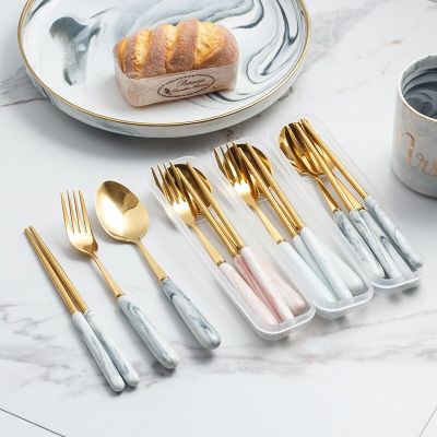 Ceramic Handle Golden Tableware Set Stainless Steel Fork Spoon Chopsticks Dinnerware Set Portable Travel Cutlery Set
