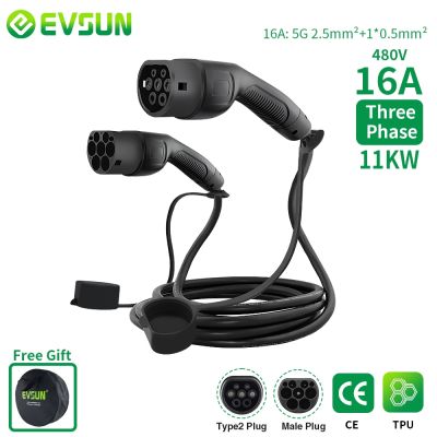 EVSUN EV Car Charger Charging Cable 3 Phase Electric Vehicle 16A Type 2 Female to Male IEC 62196 Plug Charging Station 11KW 5M