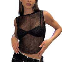 ODJCLS Fishnet เสื้อ Y2K แขนกุดแวววาวเสื้อไร้รอยต่อเสื้อคลุมชุดว่ายน้ำขึ้นเสื้อยืดผ้าตาข่ายแท้จริงเสื้อครอปของผู้หญิง