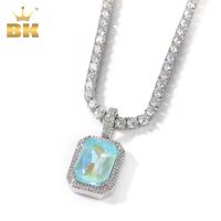 THE BLING KING Iced Cubic Zirconia Gem Necklace Pendant Pink/Blue/Green/Red Square Gem Pendant Necklace For Men &amp; Women Jewelry Fashion Chain Necklace