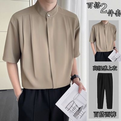 ❀❀ New Chinese-style stand-up collar mens short-sleeved summer ice silk high-end seven-point sleeveless collarless suit
