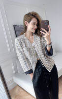 เสื้อโค้ทกล่องสั้นคอวี Kancing Emas ผ้าดอกไม้สวยหรูฝรั่งเศสมีกลิ่นหอมหรูหรา