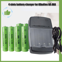 ⊕✥In Stock 1.5V 4800mAh AA/3000mAh AAA แบตเตอรี่อัลคาไลน์แบบรีชาร์จ + 4 ช่องใส่ AA/AAA Smart USB ชุดชาร์จแบตเตอรี่อัลคาไลน์