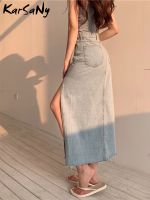 (HOT)KarSaNy Casual Jeans Skirts Womens 2022 Side Slit Sexy Long Denim Skirt High Waist Summer Vintage A Line Skirts For Women Denim กระโปรง