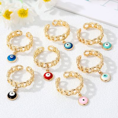 Fashion Chain Evil Eye Pendant Open Ring for Women Couple Finger Lucky Gift Colorful Turkish Jewelry Party Wedding Accessories