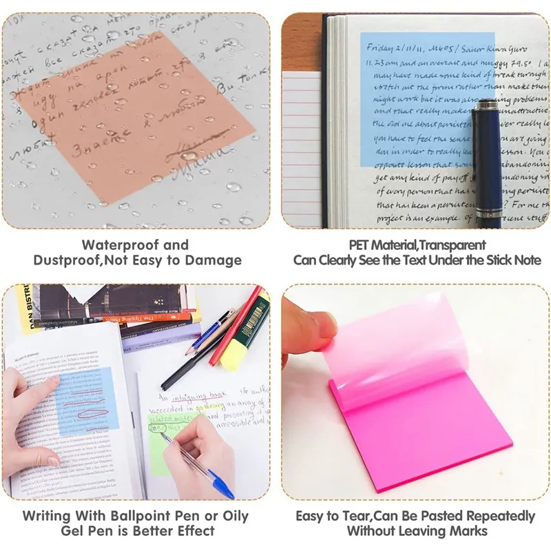 500Sheets Transparent Sticky Notes, Coloured Self-Stick Note Pads