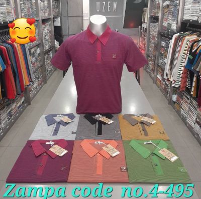 zampa 4-495 polo t-shirt short sleeve เสื้อแขนสั้น ผ้าริ้วทอ cotton 100% วัดรอบอกได้ 41-42 นิ้ว ความยาว 27-28 นิ้ว