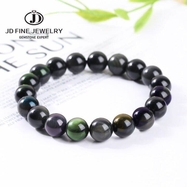 jd-สร้อยข้อมือลูกปัดทรงกลมออบซิเดียนธรรมชาติสีรุ้งผู้ชายแฟชั่นสำหรับผู้หญิงกำไลสายสำหรับชาวพุทธมีสีดำหลากสี