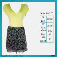 USED Xact - Yellow Black Floral V Neck Dress | เดรสสั้นสีเหลือง สีดำ เดรสระบาย เดรสลายดอก เดรสคอวี แขนสั้น ลายดอก คอวี ทำงาน วินเทจ แท้ มือสอง