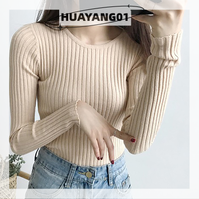 HUAYANG01สเวตเตอร์ตาข่ายยืดหยุ่นผู้หญิง,สเวตเตอร์คอกลมแขนยาวยืดทรงหลวมสีพื้น2023ชิ้น