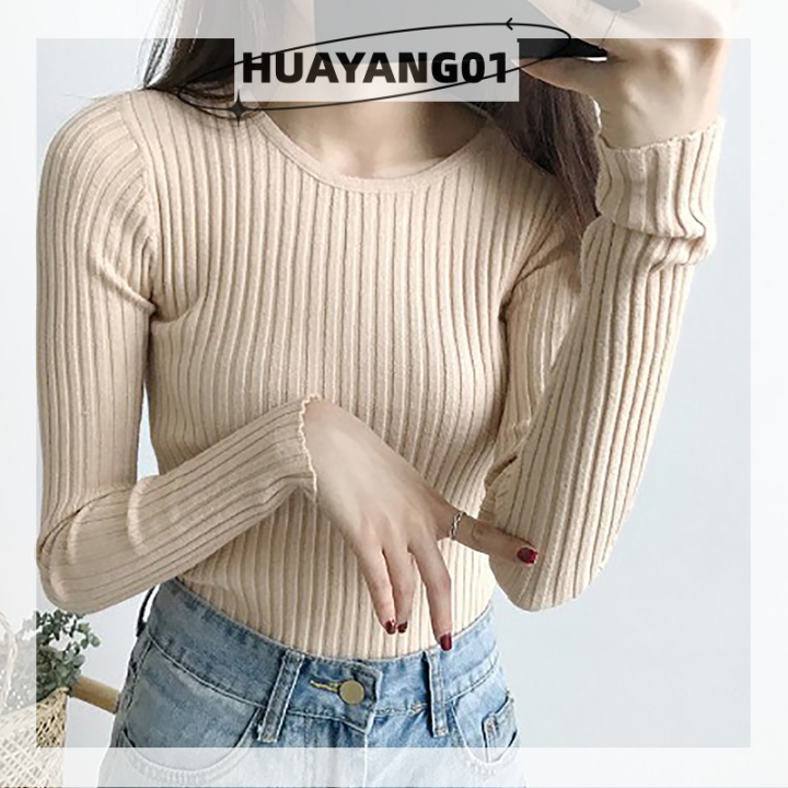 huayang01สเวตเตอร์ตาข่ายยืดหยุ่นผู้หญิง-สเวตเตอร์คอกลมแขนยาวยืดทรงหลวมสีพื้น2023ชิ้น