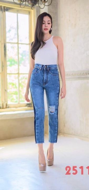 2511-jeans-by-araya-กางเกงยีนส์-กางเกงยีนส์-ผญ-กางเกงแฟชั่นผู้หญิง-กางเกงยีนส์เอวสูง-กางเกงยีนส์ทรงบอย-ผ้าไม่ยืด