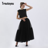 Treutoyeu Vintage Gothic Black White Pleated Long Tulle Skirt Tutu Femme High Waisted Runway Soft Mesh Skirts Womens 2021 Jupe