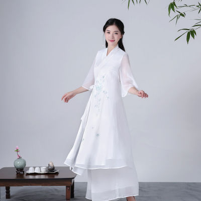 Hanfu Zou ลูกไม้ขึ้น2022/สไตล์ชาติพันธุ์ชุดชาเซนสองชั้นชุดปลายกระโปรงบานสีขาวสำหรับผู้หญิง