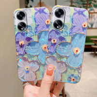 เคสโทรศัพท์ OPPO A18 A38 A58 2023 ใหม่ 3D ดอกไม้สีม่วงรูปแบบ Blu-Ray การออกแบบ Rhinestone ปลอกซิลิโคนอ่อนนุ่มเคส OPPO A18 เคสโทรศัพท์สวย