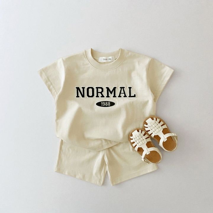 2023-toddler-baby-summer-new-clothes-sets-boy-girl-korea-embroidered-letters-cotton-short-sleeve-t-shirt-kid-casual-shorts-khaki