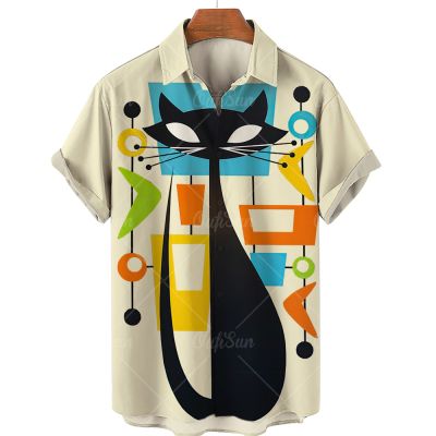 เสื้อฮาวายเสื้อแขนสั้นลายการ์ตูนลายแมวสำหรับผู้ชายโอเวอร์ไซส์ Y2k กราฟฟิตีเสื้อนักออกแบบหรูหราสำหรับผู้ชายฤดูร้อน
