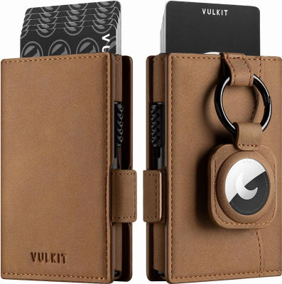 VULKIT Card Holder Wallet with Airtag Holder &amp; ID Window Pop Up Leather Wallet RFID Blocking Magnetic Closure for Men Amber Brown
