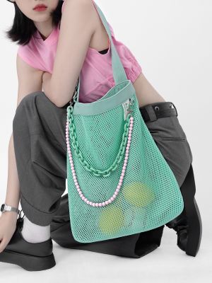 【YF】 New Summer Nylon Mesh Hollow Transparent Large Capacity Beach Bag Fashion Trend Famous Designer Shopper Shoulder For Women