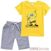 SpongeBob กางเกงขาสั้นชุดฤดูร้อนชายหญิงการ์ตูนแขนสั้นเสื้อยืดผ้าฝ้ายสาเหตุ2ชิ้นเด็กเสื้อผ้าเด็กชุด8241