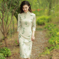 2021เลียนแบบ Acetate พิมพ์กลางความยาว Cheongsam ชุด Girly หนุ่ม Cheongsam สไตล์สาธารณรัฐจีน