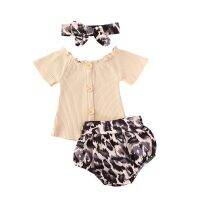 0-18M Toddler Infant Babys Clothes Girl Leopard Knitted Ruffles Tops T shirt Bow Bloomer Shorts Summer Outfits3Pcs Clothing Set  by Hs2023