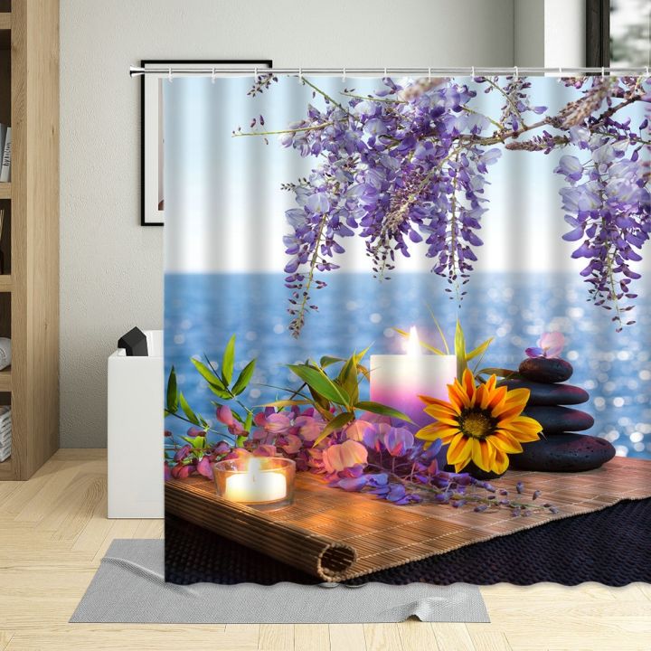 zen-stone-with-hooks-bathroom-curtains-bamboo-purple-flower-candle-printing-bathtub-decor-waterproof-shower-curtain-screen