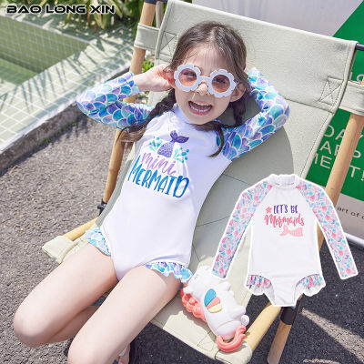 ชุดว่ายน้ำ BAOLONGXIN สำหรับเด็กแนวเกาหลีน่ารักเด็กผู้หญิงลมแบบชิ้นเดียวกันแดดชุดนางเงือกสไตล์ตะวันตก