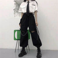 Punk Streetwear Womens Cargo Pants with Chain Punk Techwear Black Oversize Korean Fashion Wide Leg Trousers 2021 Alt