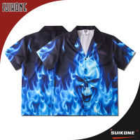 Suikone เสื้อเชิ้ตปกแขนสั้นสำหรับผู้ชายพิมพ์ลายกะโหลกสีฟ้าทรงหลวมแบรนด์