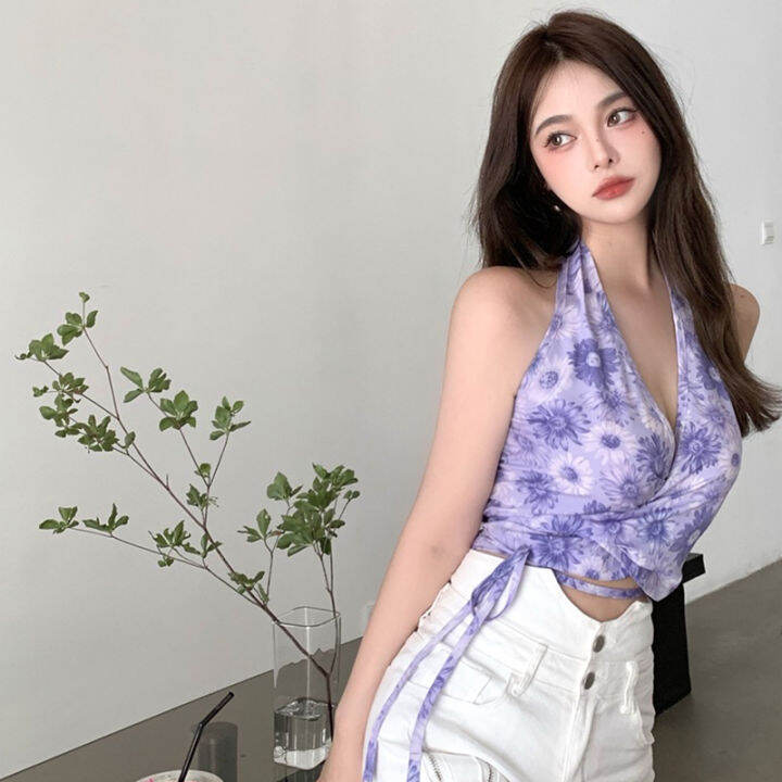 ฤดูร้อนสวมใส่บริสุทธิ์ปรารถนาสาวฮอตสไตล์ฝรั่งเศสดอกไม้ผ้าพันแผลขนาดเล็กยกทรงหญิงด้านบนท่อแขนกุดเชือกแขวนคอความงามกลับtop