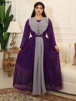 Abaya Woman ดูไบหรูหราชีฟองยาว Maxi Dress Patchwork Contrast สี belted Kaftan ตุรกีสุภาพสตรี PARTY dressess