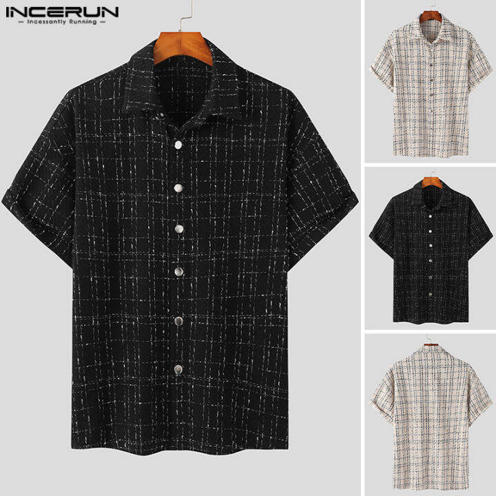 incerun-เสื้อเชิ๊ตแขนสั้นวินเทจลายทางสำหรับผู้ชายเสื้อแจ็คเก็ตติดกระดุมสำหรับปาร์ตี้-สไตล์เกาหลี