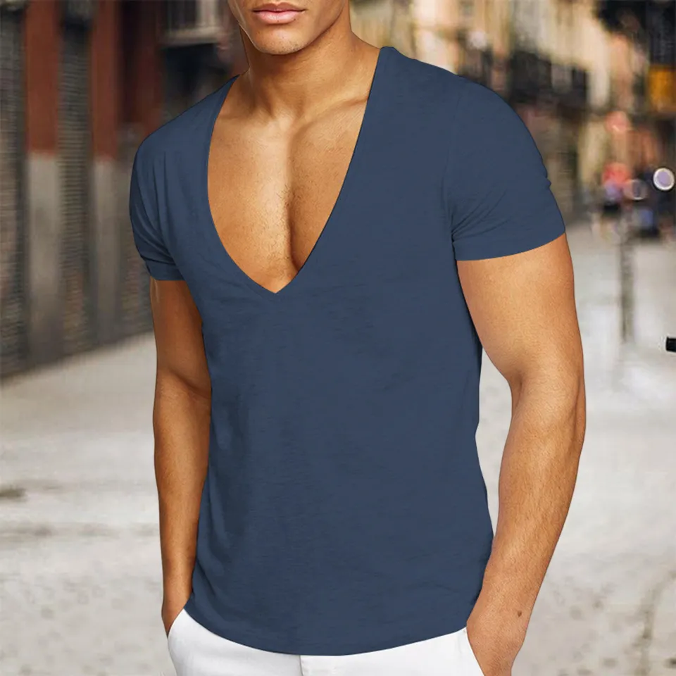 Men T-shirt Deep V Neck Solid Color Slim Fit Pullover Thin Workout