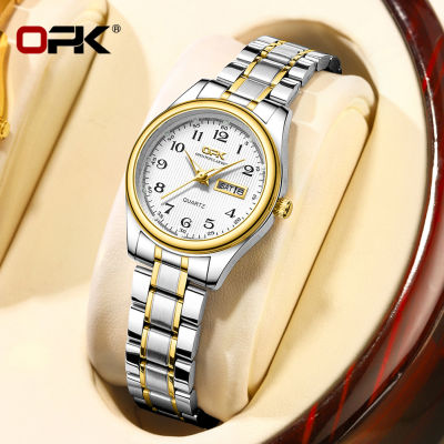 【ขายร้อน】Opk นาฬิกาหรูสำหรับผู้หญิงกันน้ำเดิม2023สไตล์เกาหลี Pawnable สแตนเลสสบายๆนาฬิกาสีทอง Multicolor คู่ปฏิทินส่องสว่าง