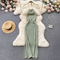 jkk Halter Crochet Bodycon Cut Out Split Dresses Shoulder Backless boho Beach Vestido French Fashion Sundress