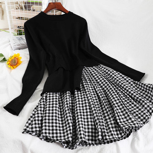2021Neploe 2021 Fashion Dress Women Black Patchwork Plaid Knitted Mini Dresses High Waist Slim Fit Sweet Robe Vestidos Femme 4G738