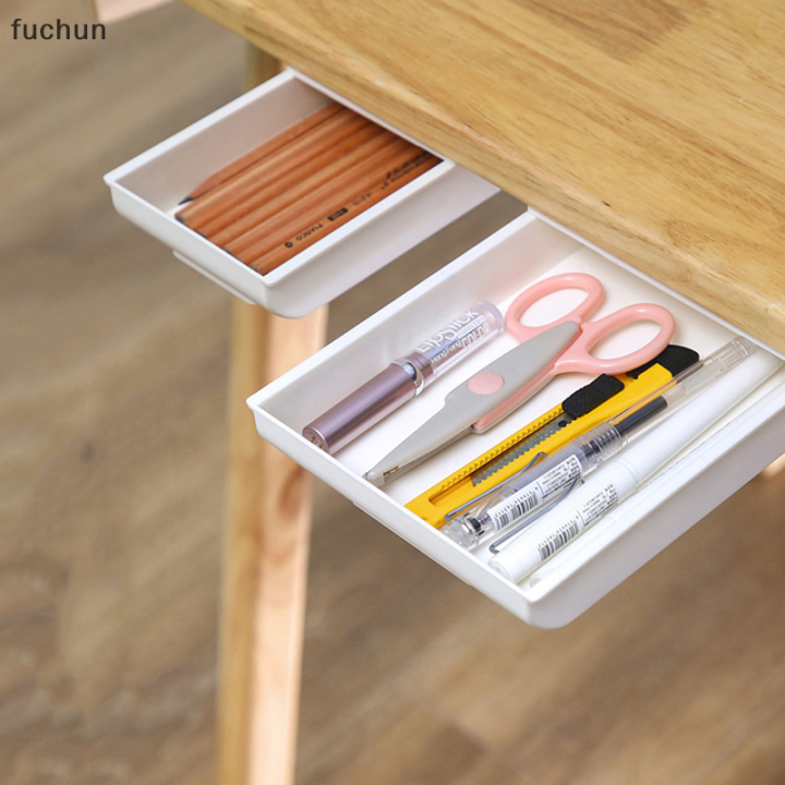 fuchun-กล่องลิ้นชักเก็บของมีกาวในตัวลิ้นชักใต้โต๊ะที่ยึดโต๊ะเก็บของ