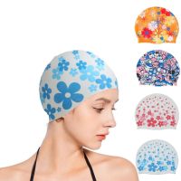 【LZ】☂☏  Chapéu de natação com estampa floral de alta elasticidade para homens e mulheres silicone proteção auricular colorido banho piscina adulto