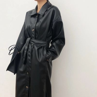 Spring Long Women Pu Leather Jackets Turn Down Collar Female Faux Leather Windbreaker Trench Coats Single Breasted Belt Jackets