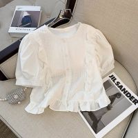 French style small fragrance lace lace puff sleeve shirt womens summer design sense advanced short shirt short-sleeved top 【BYUE】