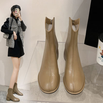 Sepatu BOOT Pendek ฝรั่งเศสสำหรับผู้หญิง,2022ฤดูใบไม้ร่วง/ฤดูหนาวบูทผู้หญิงแขนสั้นมาร์ตินแบบบางด้านหลังมีซิปส้นหนาเทรนด์รองเท้าบู๊ตผู้หญิง
