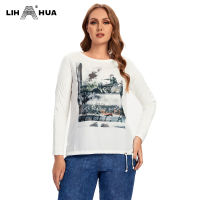 LIH HUA Womens Plus Size T-Shirt Cotton Spring Top Long Sleeve Fashion Pattern Loose Casual Crewneck Top