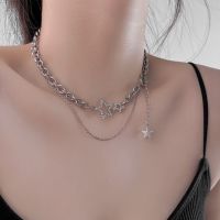 【Ready Stock】⚡? Shiny Star Layered Tassel Choker Necklace Y2k Jewelry for Women 2023 Fashion Pentagram Silver Color Chain Zircon Charm Necklaces