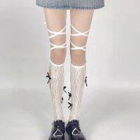 【LZ】❈  Joelho rasgado cinta Lolita calças justas Meias de bezerro Doce laço Lace Part-Toe JK Socks Fishnet Socks Y2K Sexy Middle Tube Socks