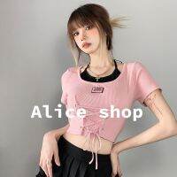COD SDFERTGRTYTYUYU Alice สีชมพูสีดำเสื้อครอป 2023 สายรัดสาวร้อนสลิมสาวฤดูร้อนสองชิ้นปลอมเสื้อคล้องคอผู้หญิง FS707810